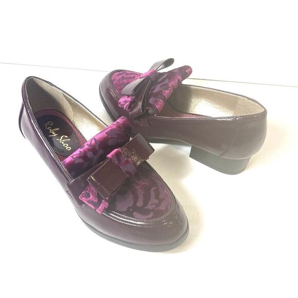 Ruby Shoo Burgundy Glossy Slip On Low Heel Velvet Bow Women's US 5 UK3 EU 36 NEW - Picture 5 of 11
